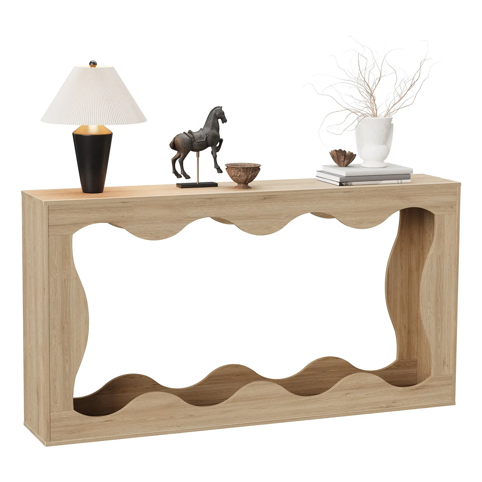 Modern Farmhouse Console Table with Scalloped Edge - 63'' Narrow Entryway Sofa Table - Wood Accent Furniture for Living Room, Hallway or Foyer