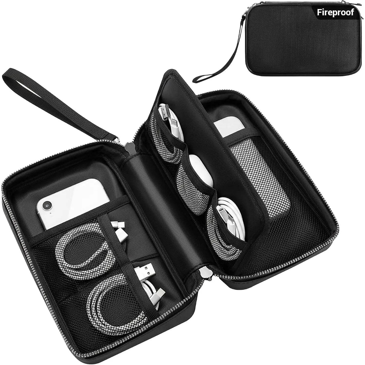 Fireproof Electronics Organizer Travel Case, Water Resistant Tech Accessories Pouch, Explosion-proof Cord Storage Bag with Fireproof Zipper for Phone, Power , Cables, USB, Black