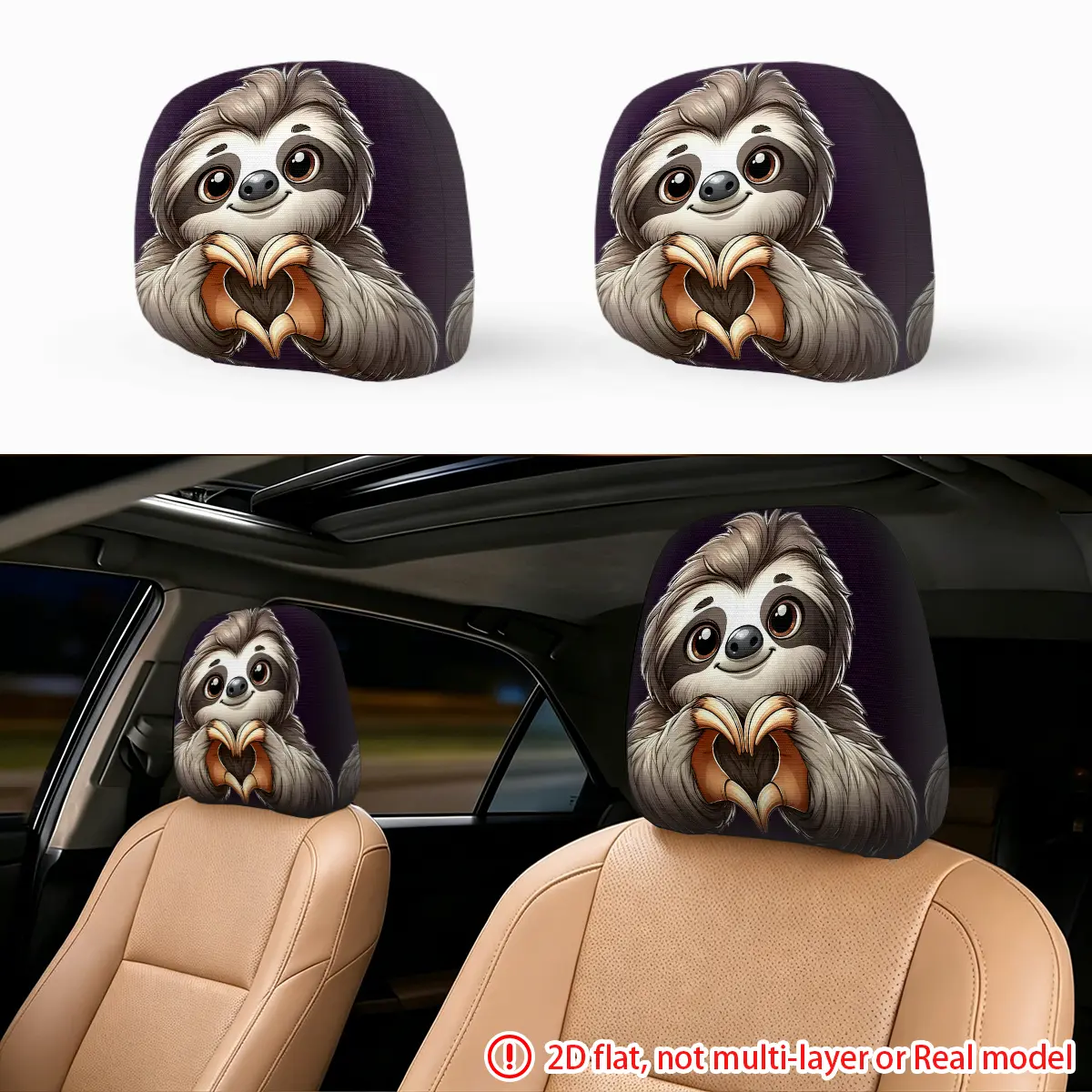 2pcs of cute sloth car seat pillowcases, car interior headrests, stylish and durable design, universal applicability, Car Accessories