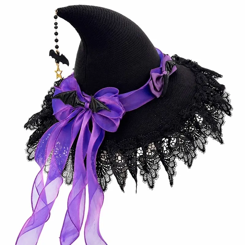 Women's Gothic Witch Hat - Lace Brim, Bat Star Pendant, Lightweight Decorative Accessories for Halloween Cosplay Party Photo Prop (5 Colors, Female Use for Parties & Themed Events), Comfortable, Stars, Adult, Ribbon