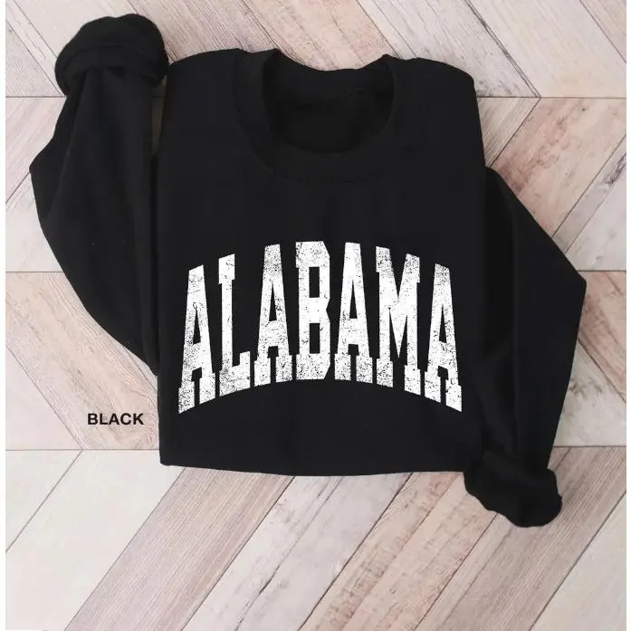 Women's Distressed Alabama Varsity Vintage Letter Graphic Oversized Long Sleeve Round Neck Cotton Crewneck Sweatshirt, Soft Comfort Casual Top, Retro State Pride Outfit, Perfect Holiday Gift For Locals