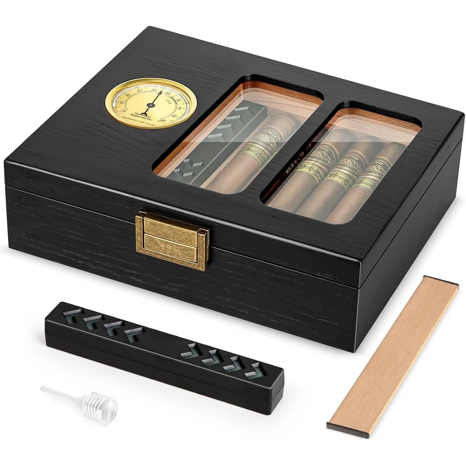 Glass Top Cedar Cigar Humidor Box for 20-30 Cigars with Hygrometer and Humidifier, Desktop Cedar Cigar Case Gift for Cigar Lovers (Black)Gift