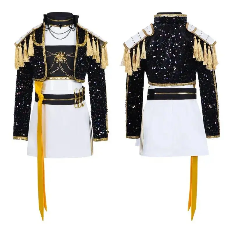 Girls' Egyptian Pharaoh Costume Set - Black & Gold Plain Cupro-Polyester Dress-Up Outfit, Machine Washable with Accessories for Parties, Stage Performances singer embroidery coat top short