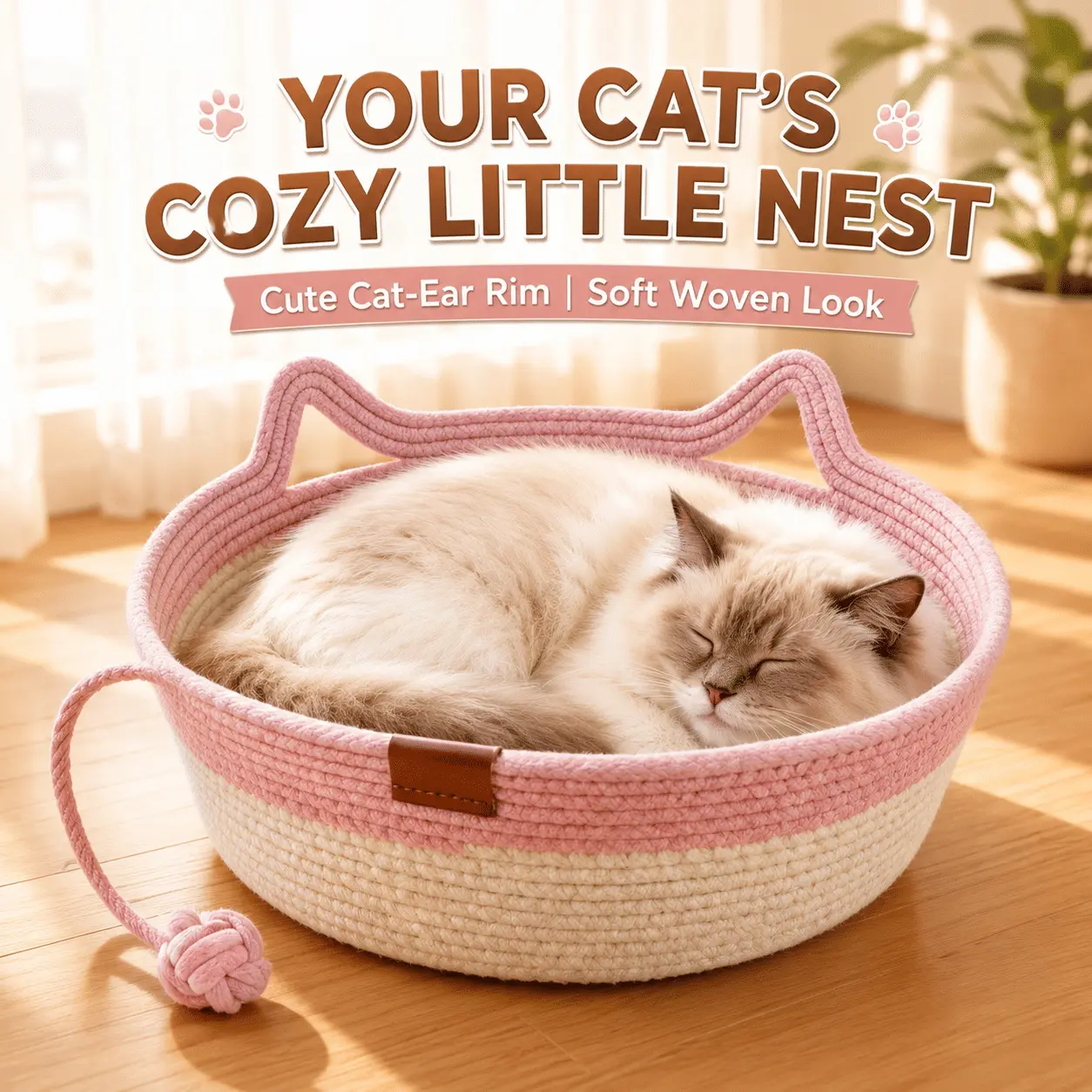2-in-1 Cotton Rope Cat Bed with Hanging Interactive Toy, Cozy Round Cat Nest for Indoor Cats, Washable Pet Bed with Handles, Modern Boho Home Decor for Kittens & Small Cats, Non-toxic & Durable