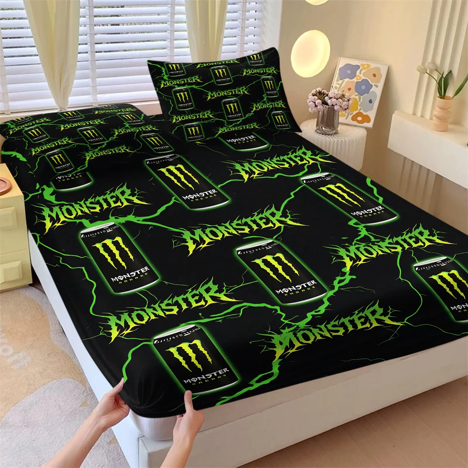 3PCS Black Cool Green Lightning Energy Can Fitted Sheet Set 1 Fitted Sheet + 2 Pillowcases,Soft Breathable Microfiber Fabric,Deep Pocket Full Wrap Anti-slip Design,Trendy Street Style All Season Bedding,Theme Bedding Set,Teen Boys Bedroom Decor