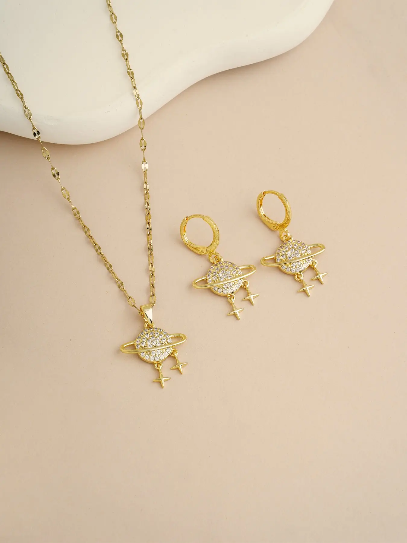 Saturn Planet Necklace and Hoop Earrings Set, Dainty Cubic Zirconia Saturn Star Drop Jewelry Set, Trendy Cosmic Universe Pendant Accessories Gift for Women Girls