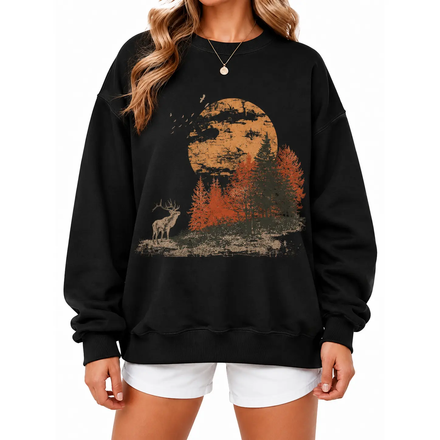 Vintage Wildlife Sweatshirt with Abstract Bull Elk & 90s Sunset Graphic - Unisex Casual Long Sleeve Cotton-Polyester Crewneck