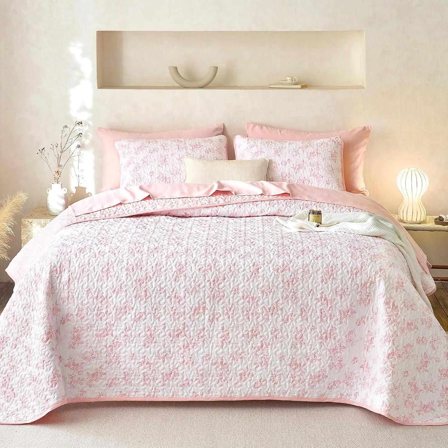 - Floral Set, Coquette Cottagecore Vintage Flower for Teen Girls, Reversible Lightweight Bedspread Coverlet, 3 Pieces, Pink, Queen/Full Size
