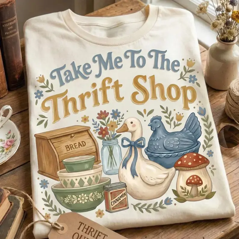 Women's Crewneck Thrift Shop Graphic Sweatshirt - Vintage All-Seasons Thrifting Top, Crewneck Sweatshirt