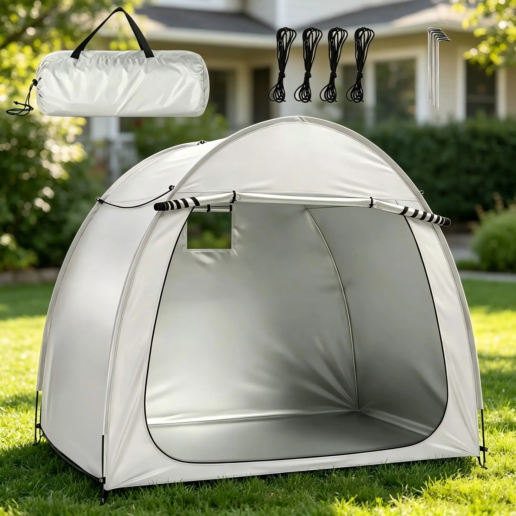 6.8x4.9FT Light Gray Arched Bike Storage Shed, 210D PU Silver Coated Water Resistant Oxford Fabric Fiberglass Frame, Dual Zipper Doors, Vent Window, Portable Shelter for Bikes, Motorcycles, Gardening Supplies, Lawn Mowers, Maintenance Tools with Carry Bag