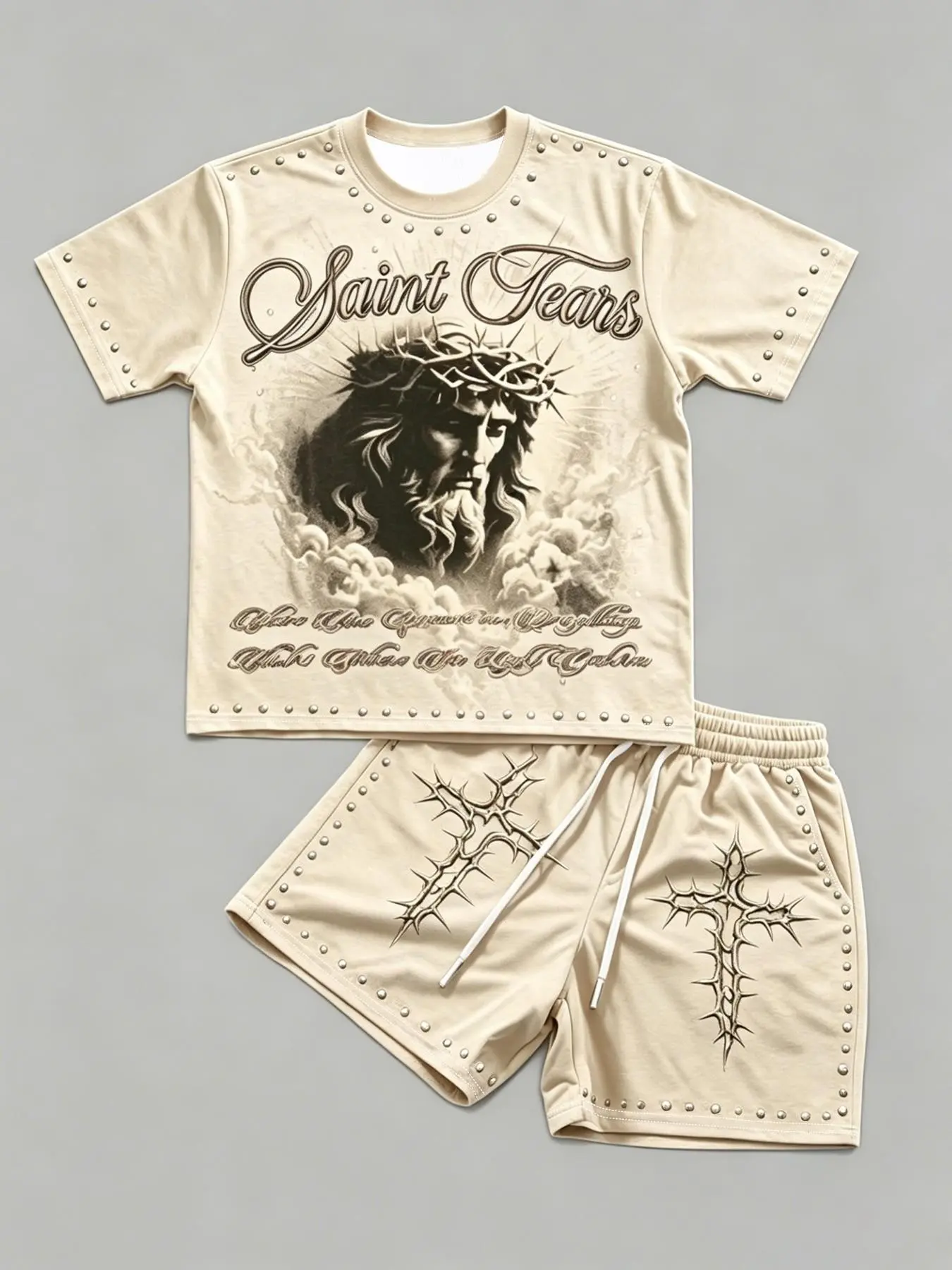 Men's Y2K Saint Tears Jesus Graphic Tee & Thorn Cross Shorts 2 Piece Set | Vintage Grunge Knitted Sweatshirt Fabric | Summer Music Festival Streetwear Outfit for Men