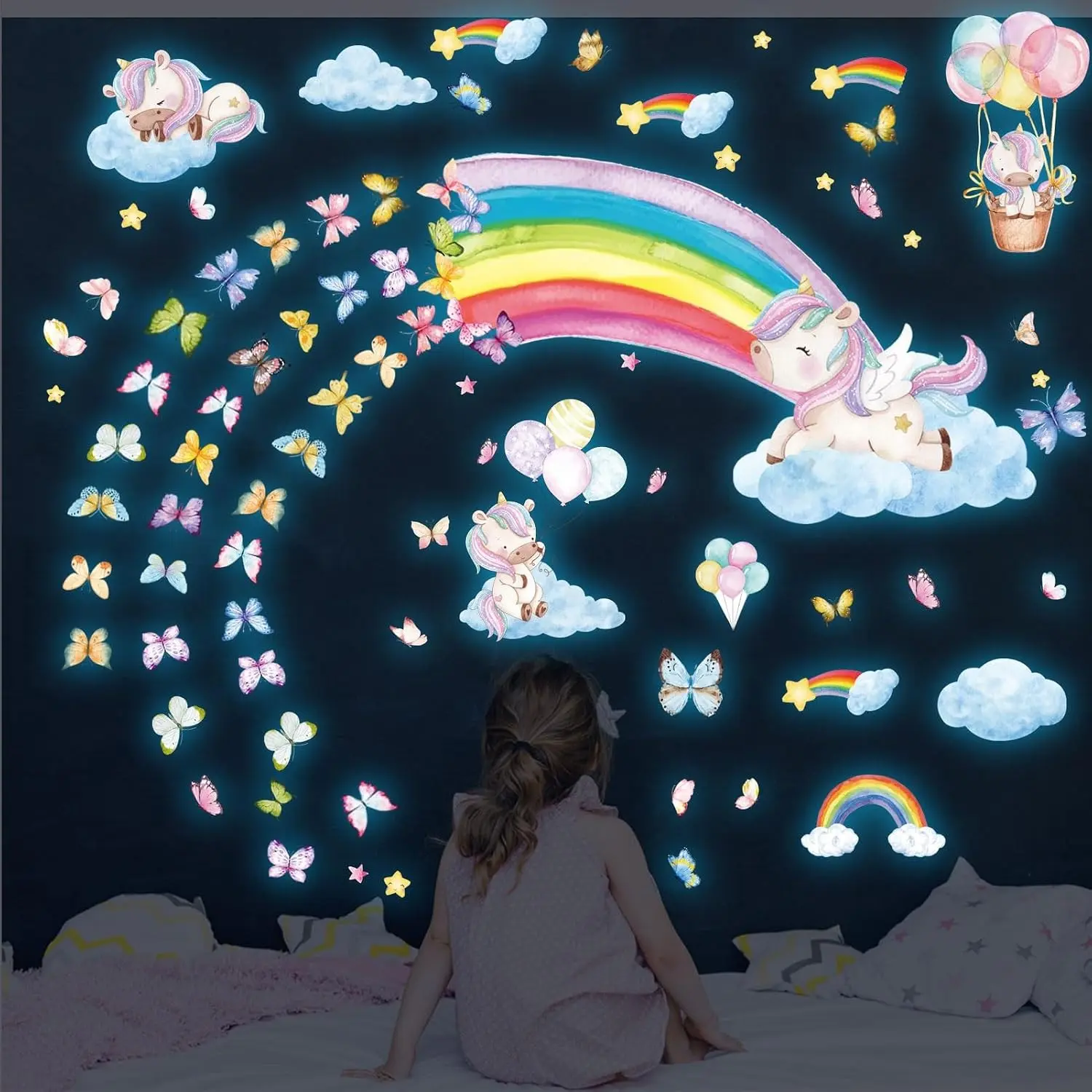 Glow in the Dark Removable Rainbow Unicorn Wall Decals with Star & Butterfly Stickers for Girls Bedroom Nursery Living Room Decor(Gift)