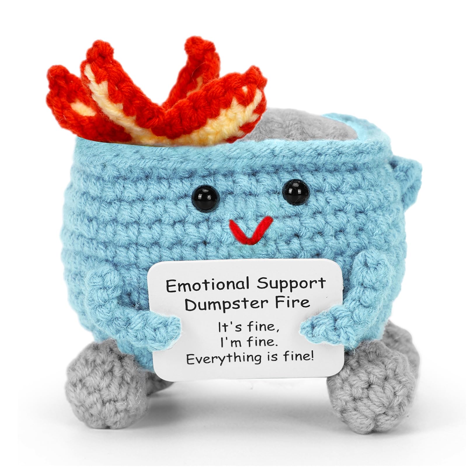 Emotional Support Handmade Crochet Dumpster Fire with Positive Card, Cute Room Decor, Funny Knitted Toys Gifts for Friends, Soft Stuffed Doll