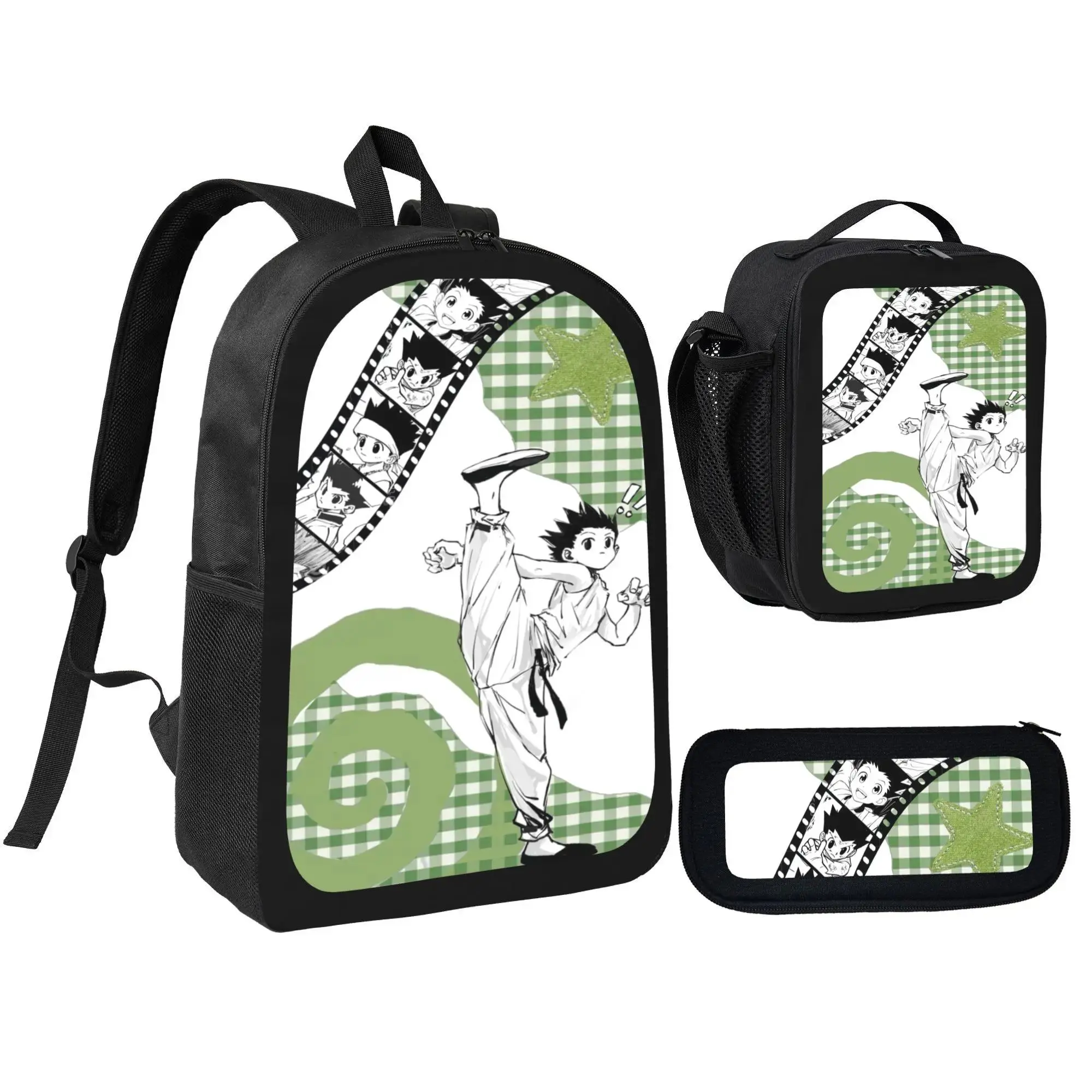 Unisex HUNTERXHUNTER Anime Themed 3PCS Back to School Daypack Set - Synthetic Zipper Backpack, Insulated Lunch Tote, Pencil Pouch, Breathable Premium Fabric School Supplies for Teens