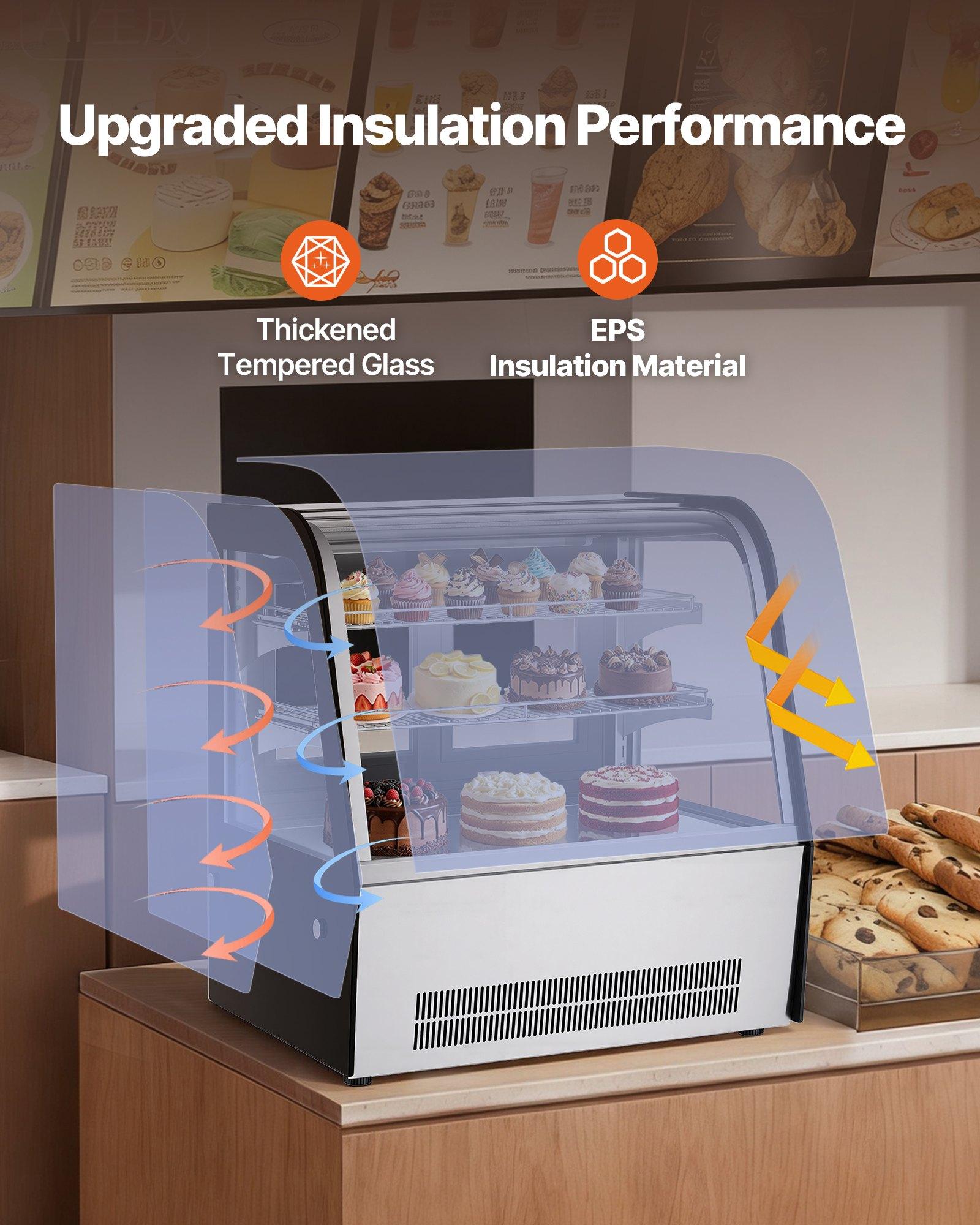 VEVOR Refrigerated Display Case, 4.2 Cu.Ft./105L Countertop Pastry Display Case, 2-Tier Commercial Cake Refrigerator with LED Lighting, TURBO Cooling, Frost-Free Air-Cooling, for Bakery, Dessert Shop