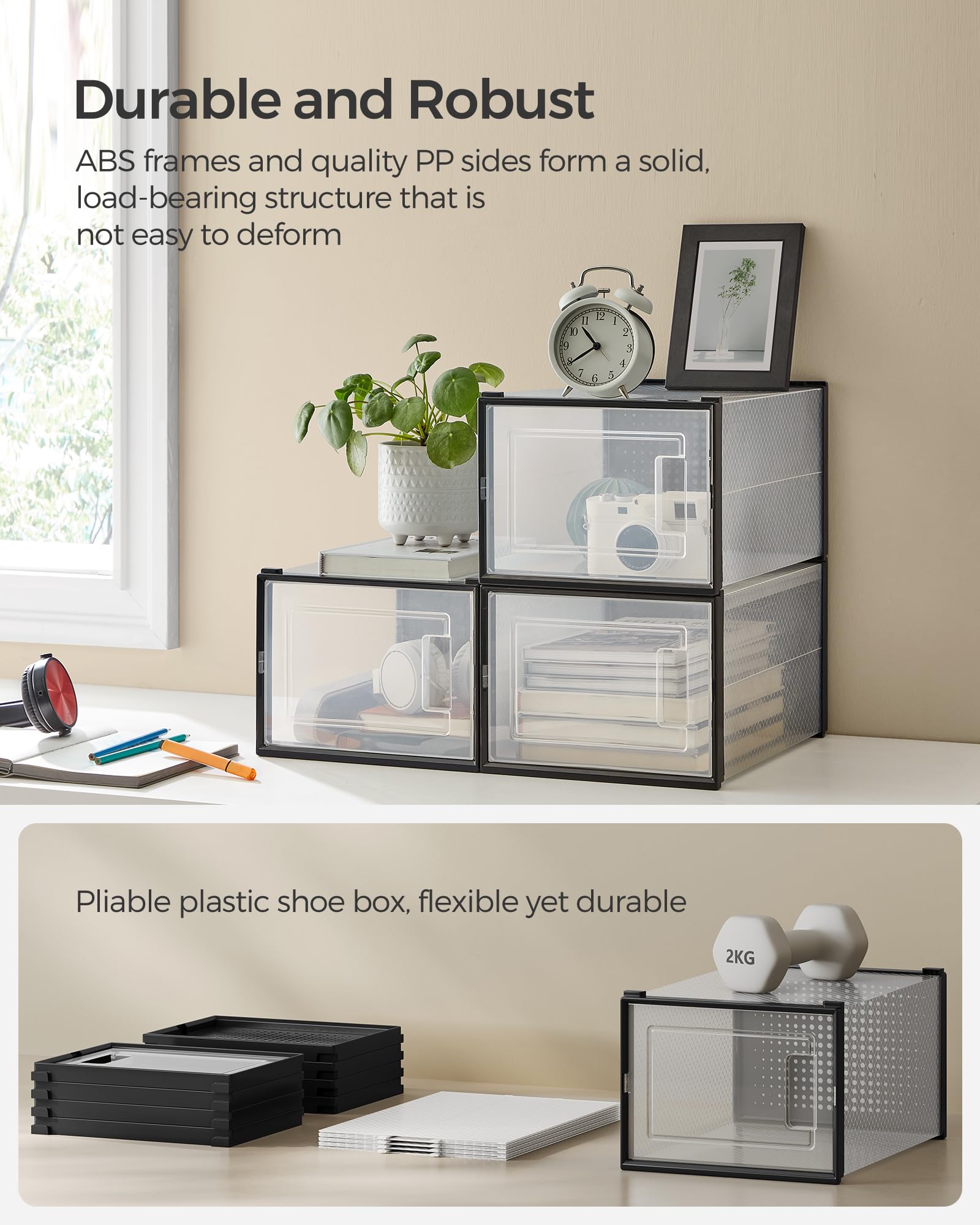 Shoe Boxes, 15pcs Shoe Organizers, Stackable Clear Plastic Shoe Boxes, Suitable for Closets And Sneakers, 13.1 X 5.5 X 9.2 Inches, Fits Up to US Size 9.5, White And Black.