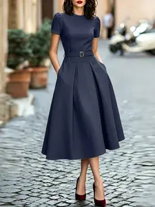 ZANZEA Women's Round Neck Waist Cinch Midi Dress, Short Sleeve with Pleated Design and Pockets, Elegant European and American Style