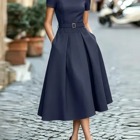 ZANZEA Women's Round Neck Waist Cinch Midi Dress, Short Sleeve with and Design and Pockets, Casual Wear, Chic, Elegant European and American Style, Casual Elegant Fall