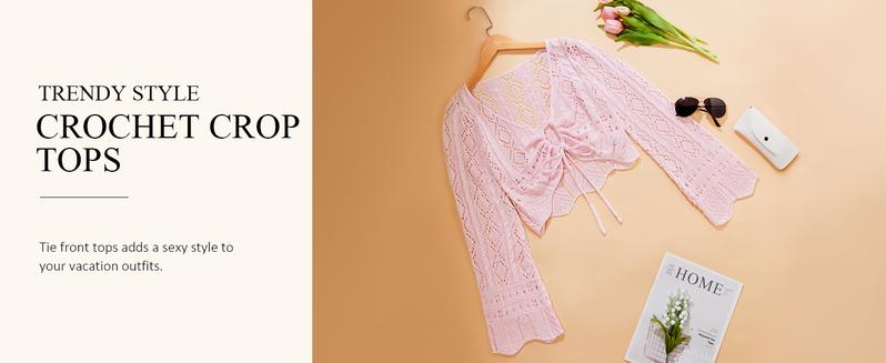 Saodimallsu Womens Crochet Crop Tops Tie Front Bell Long Sleeve Cardigan V Neck Lightweight Knit Shrug Sweaters