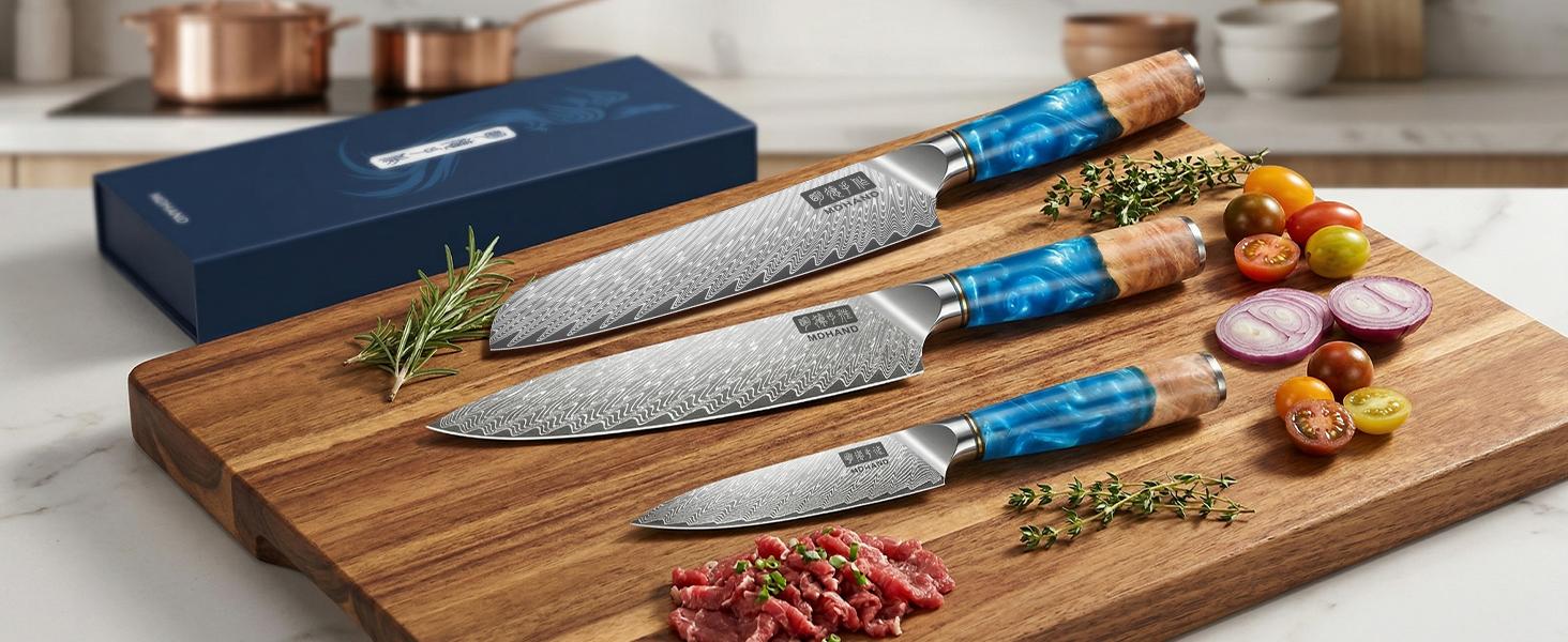 MDHAND Damascus Kitchen Knife Set 3PCS, Japanese VG10 Super Steel Core Professional Chef Knife Set, Ultra Sharp Professional Chef Knives with Azure Timber Collection Handle, Gifts for Men Women