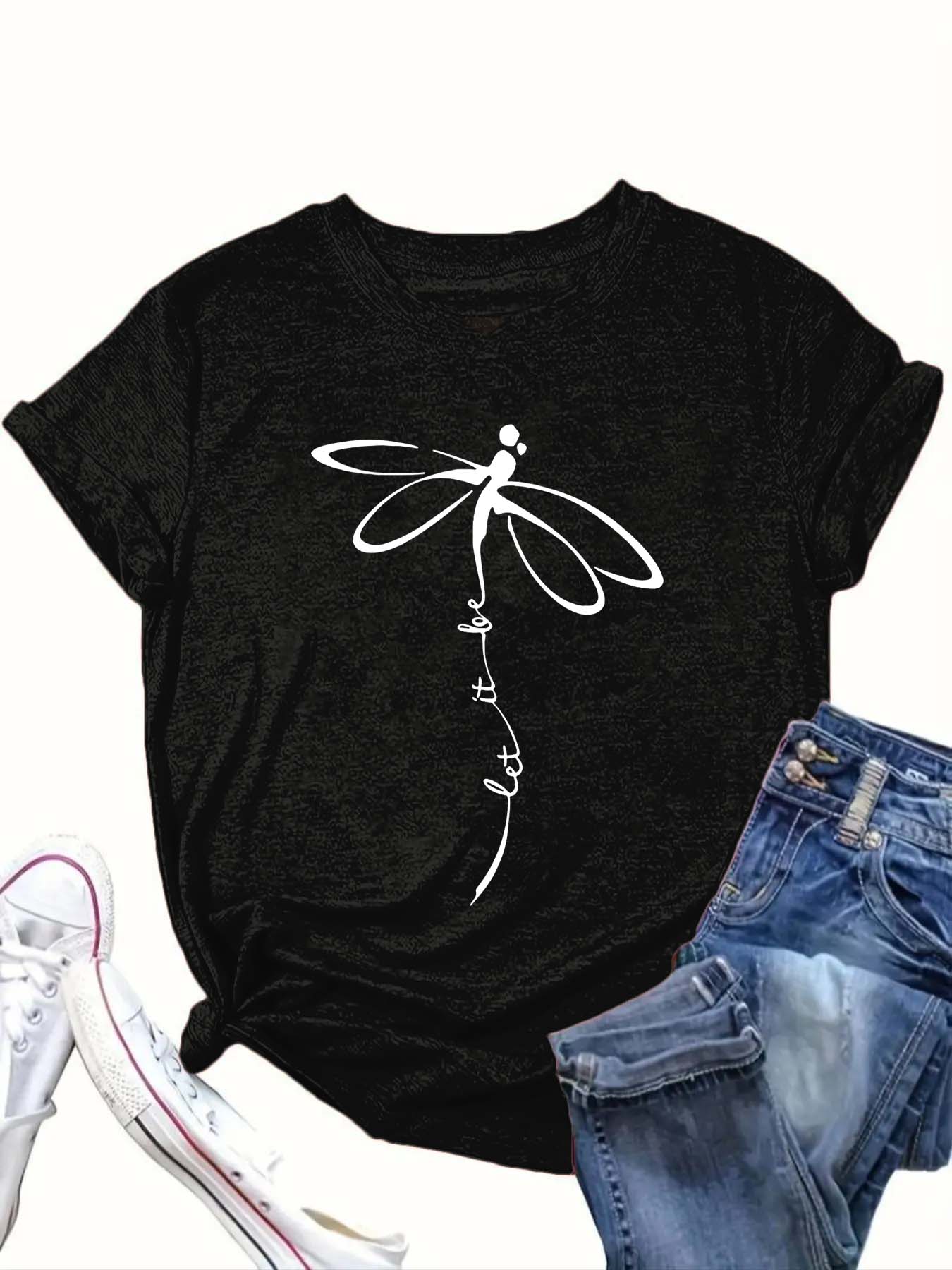 【Plus Size】 Dragonfly Print Round Neck Tee, Casual Short Sleeve Crew Neck T-shirt for Summer, Women's Clothing for Daily Wear
