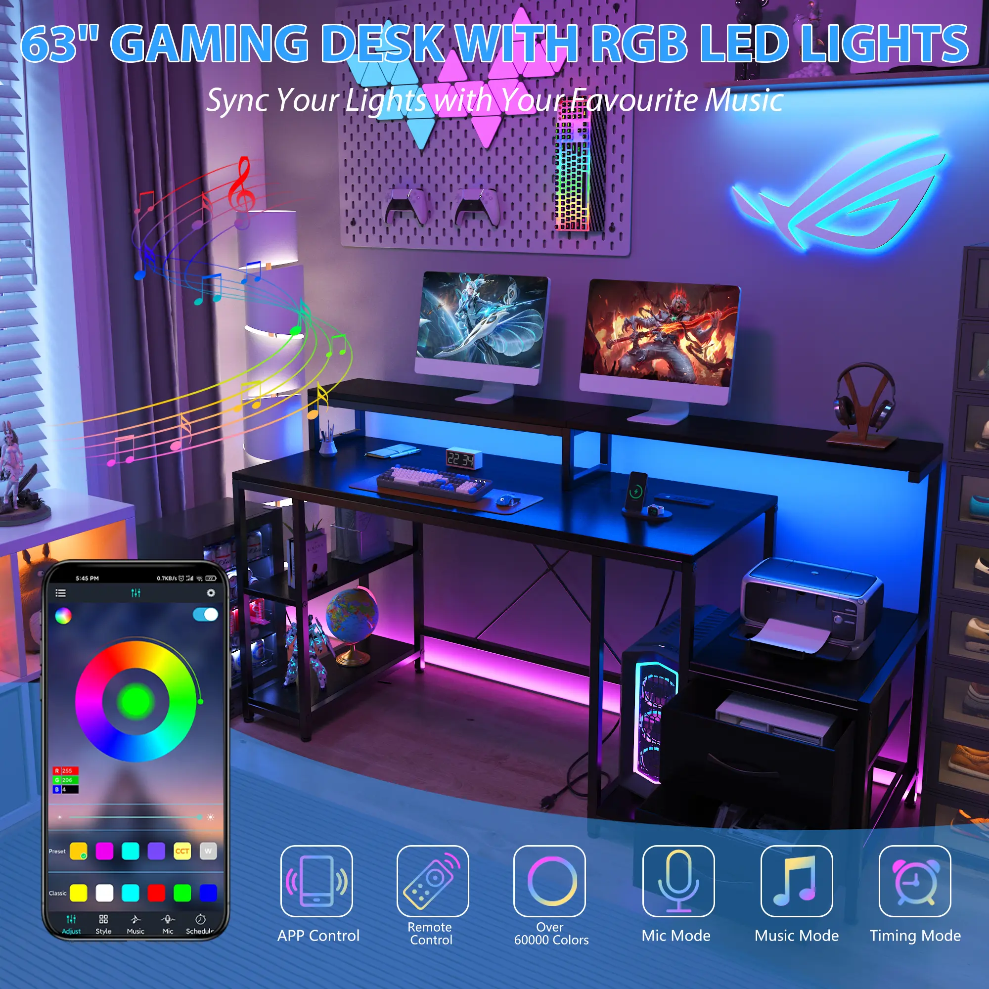 [Summmer Sale] GARVEE 63 in Rectangular Modern Computer Desk - LED Lights, Power Outlets, Storage Shelves, Monitor Stand, Printer Space, Quick Setup - Ergonomic Office Writing Table for Work, Gaming - Home Office Furniture Gift Idea