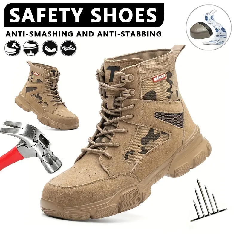 Men High Top Steel Toe Work Boots Anti Smash Anti Puncture Lightweight Soft Sole Safety Shoes Wear Resistant Heat Resistant Non Slip Breathable Industrial Safety Footwear For Electric Welding Construction Factory Warehouse Gym Daily Outdoor Labor Mod, Lac