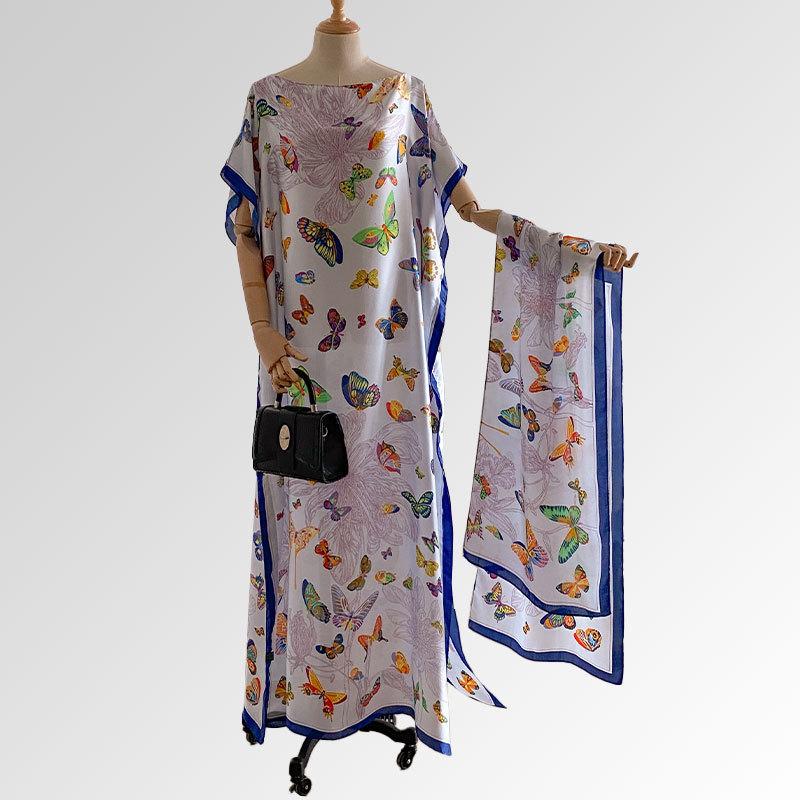 Women's Floral Print Long Dress & Scarf Set,Boho Casual Shawl Dress & Scarf Set for BeachVacation Holiday, Ladies Clothes for AllSeasons