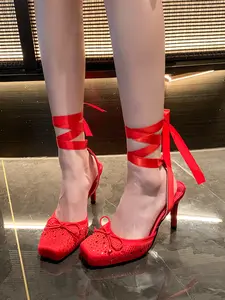 New Satin Strappy Bow Square Toe Women's High Heels, Rhinestone Design, Stiletto Sole, Wedding Party Shoes, Breathable Comfort