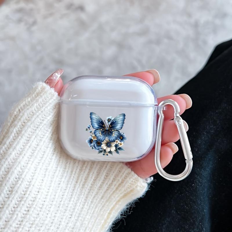 Chic Blue Butterfly Pattern TPU Soft Protective Case for Apple AirPods 4/3/2/1/Pro/Pro2 Transparent Earphone Cover with Keychain Attachment