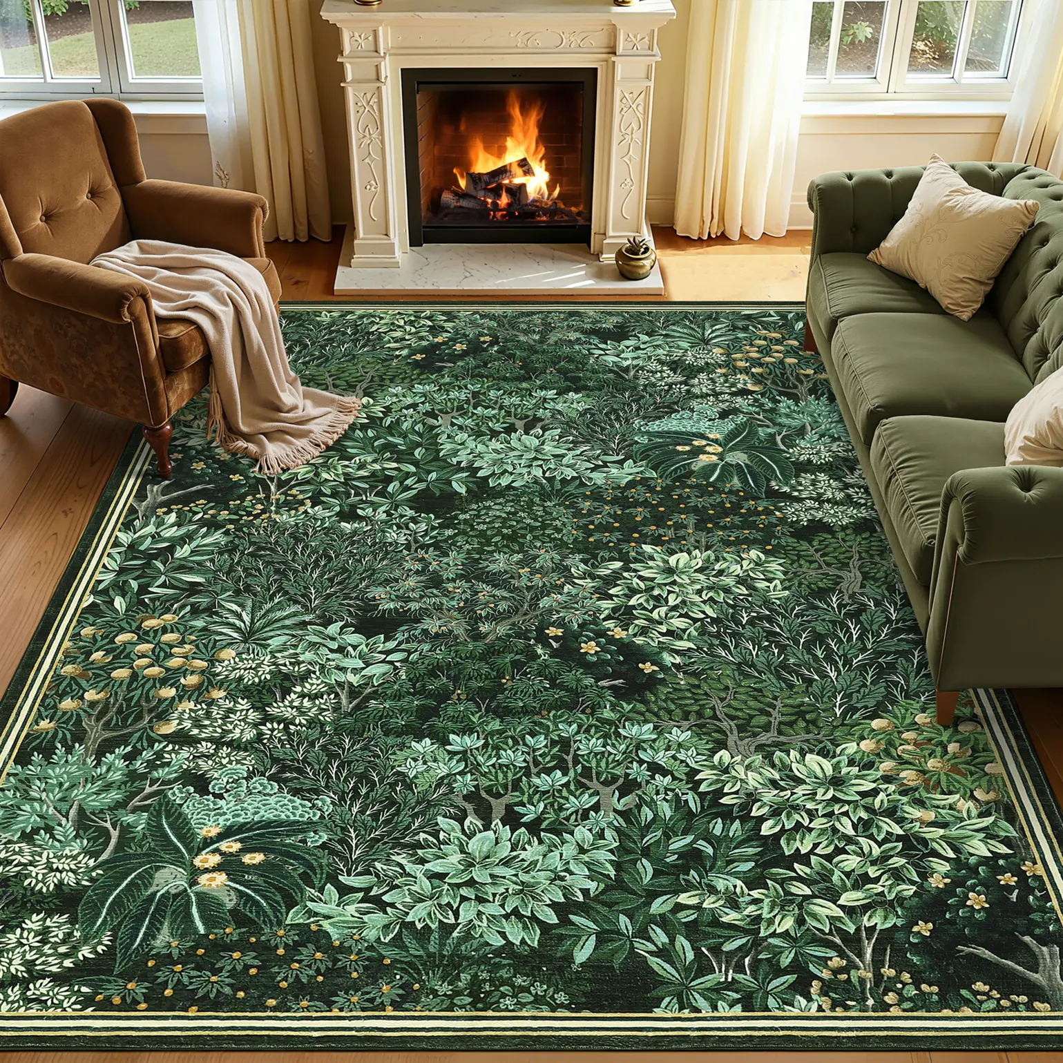 Washable Vintage Jungle Botanical Living Room Rugs, Soft Low Pile Ultra Thin Bedroom Rug, Stain Resistant Non Shed Indoor Floor Mat, Easy Clean Nature Art Rug for Dining Room Farmhouse Cottage Decor