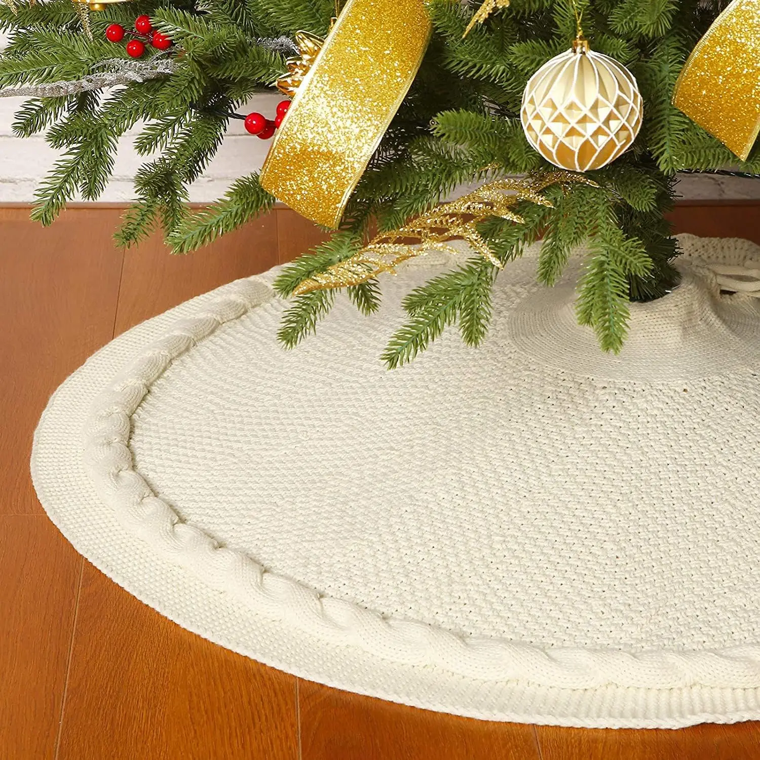 Knit Christmas Tree Skirt, Luxury Cable Knitted Thick Rustic Xmas Tree Decoration (Cream, 36")