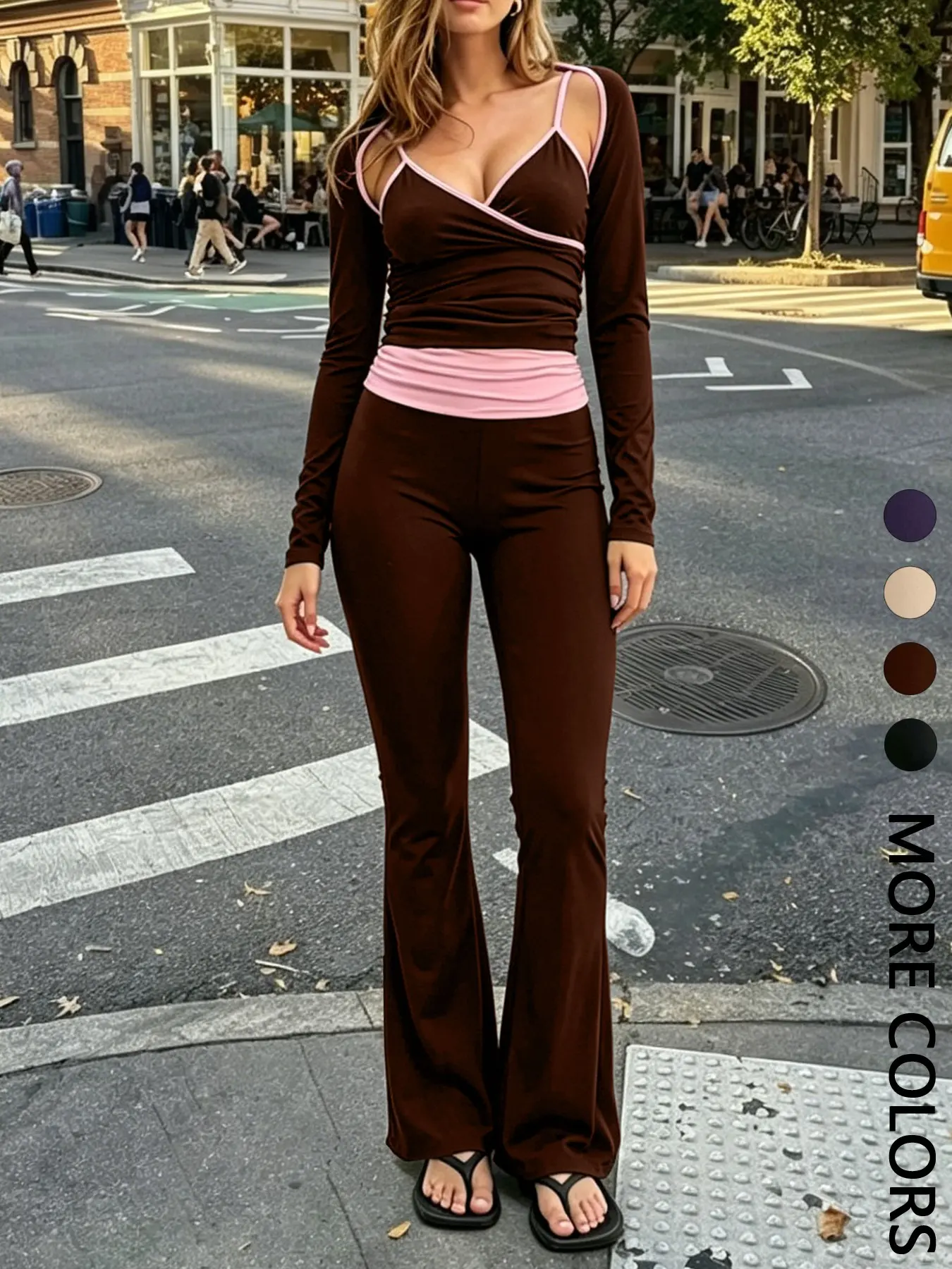 Women's 3-Piece Set Colorblock Round Neck Long Sleeve Top + Strappy Vest + Pleated Wide Leg Pants, Sporty Slim-Fit Gym Sets
