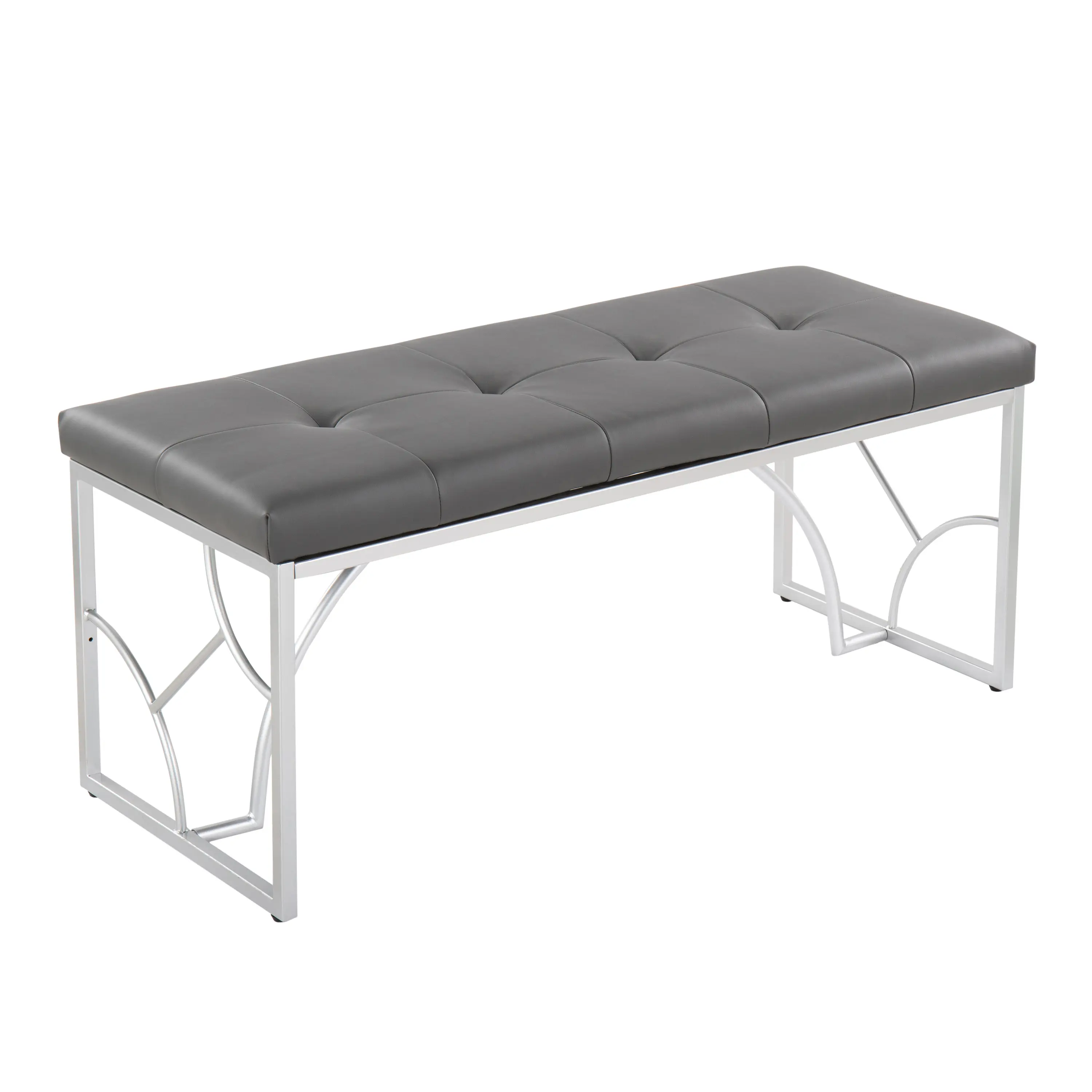 Nokaa Contemporary Upholstered Bench with Silver Metal Frame and Grey Faux upholstered Cushion, Modern Living Room Entryway Hallway Seating, Sturdy Indoor Furniture Accent Piece, Single Bench, Home Furniture and Household Product Search Terms