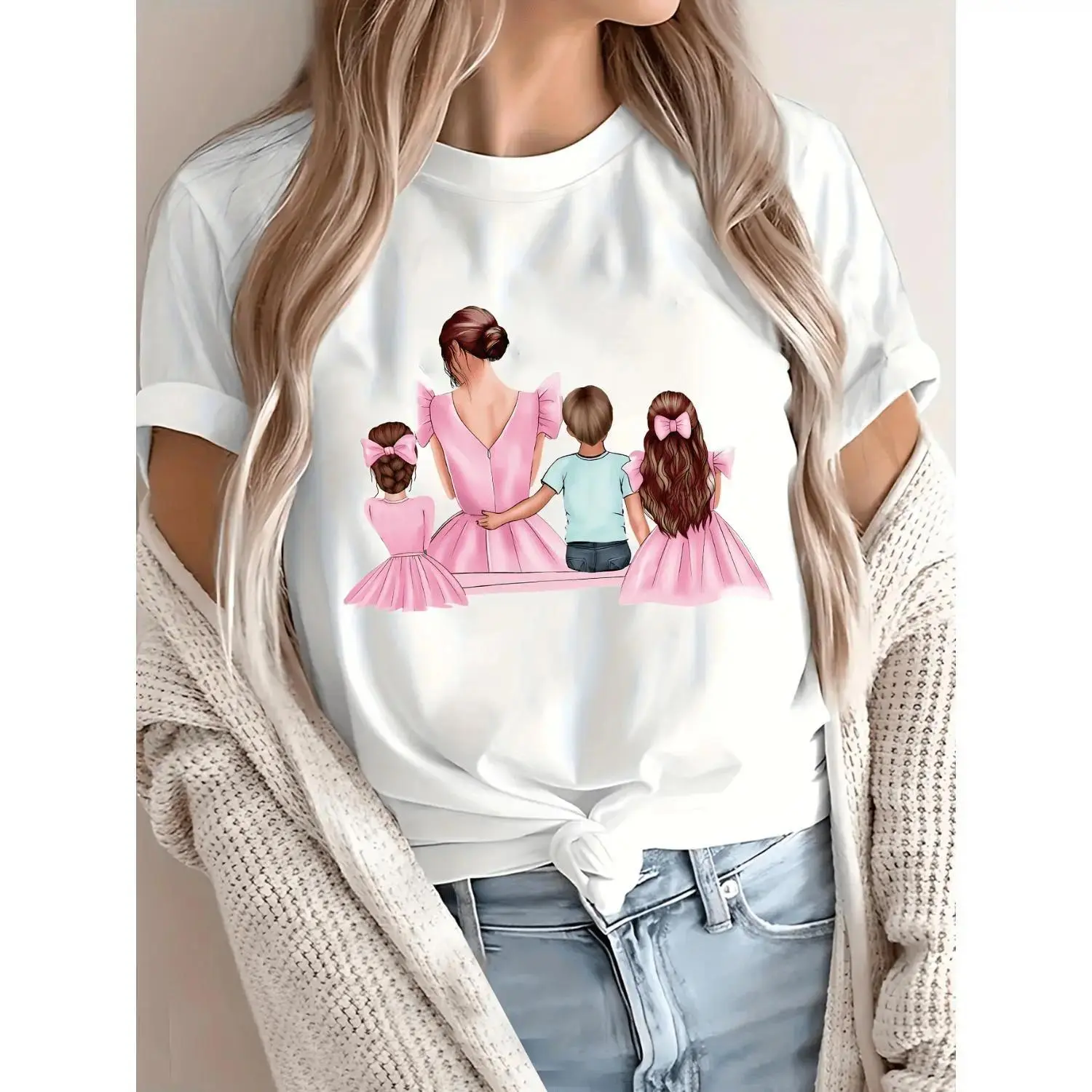 Women's Family Portrait Graphic T-Shirt, Mom of 3 Crew Neck Casual Loose-Fitting Tops, Blessed Motherhood Gift for Mom, Mothers Day Kids Present (Do Not Bleach)