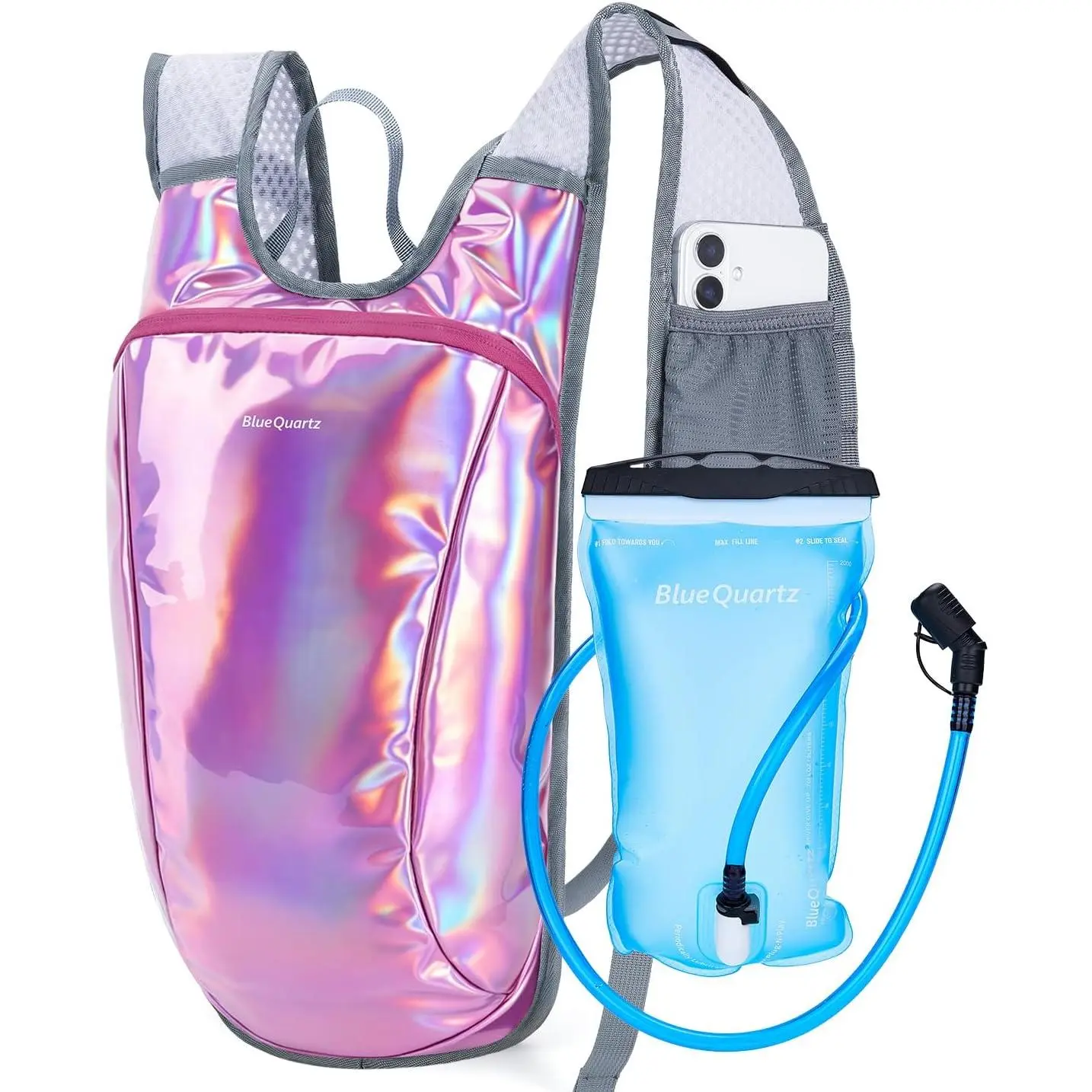 Reflective Blue Quartz Rave Hydro Pack - 2L Water Bladder, Adjustable Straps, Zip Pocket, Phone Pocket for Running, Festivals, Cycling