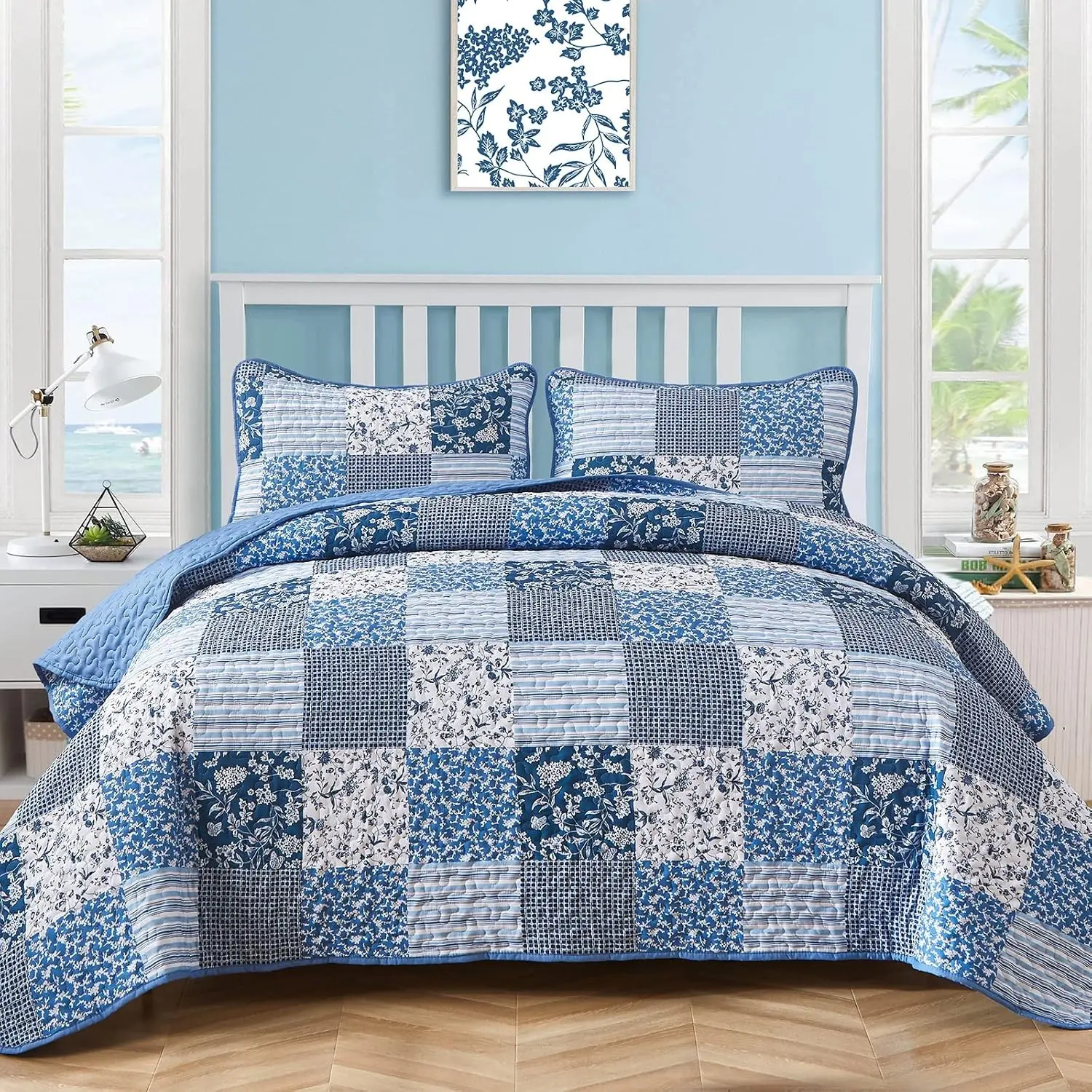 Blue Boho Quilt Set King Size,3 Pieces Plaid Floral Bedspread Coverlet Set for All Season,Patchwork Reversible Bedding Set King 90"x106"