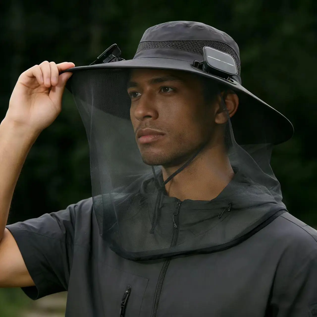 Unisex Solar-Powered USB Rechargeable Fan Bucket Hat with Mosquito Net, Sun Protection, Adjustable Strap, Breathable Mesh, 2 Solar Fans, Full Head Cover for Hiking/Fishing, Outdoor Sports