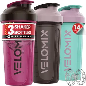 -3 PACK- 14 oz Protein Shaker Bottle for Protein Mixes, 3x Wire Whisk, Leak Proof Shaker Cups for Protein Shakes, Stackable Protein Shaker Bottle Pack, Dishwasher Safe (Mixed Colors)