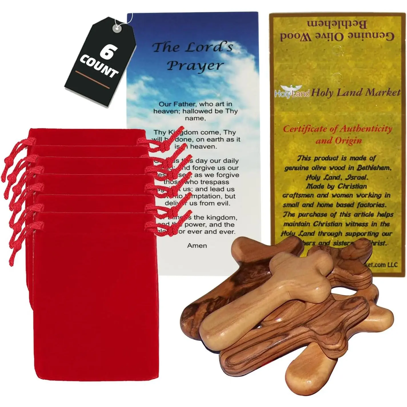 Six Olive  Crosses with  Pouches |  bag, certificate of authenticity and Lord's Prayer card per .  in Bethlehem.