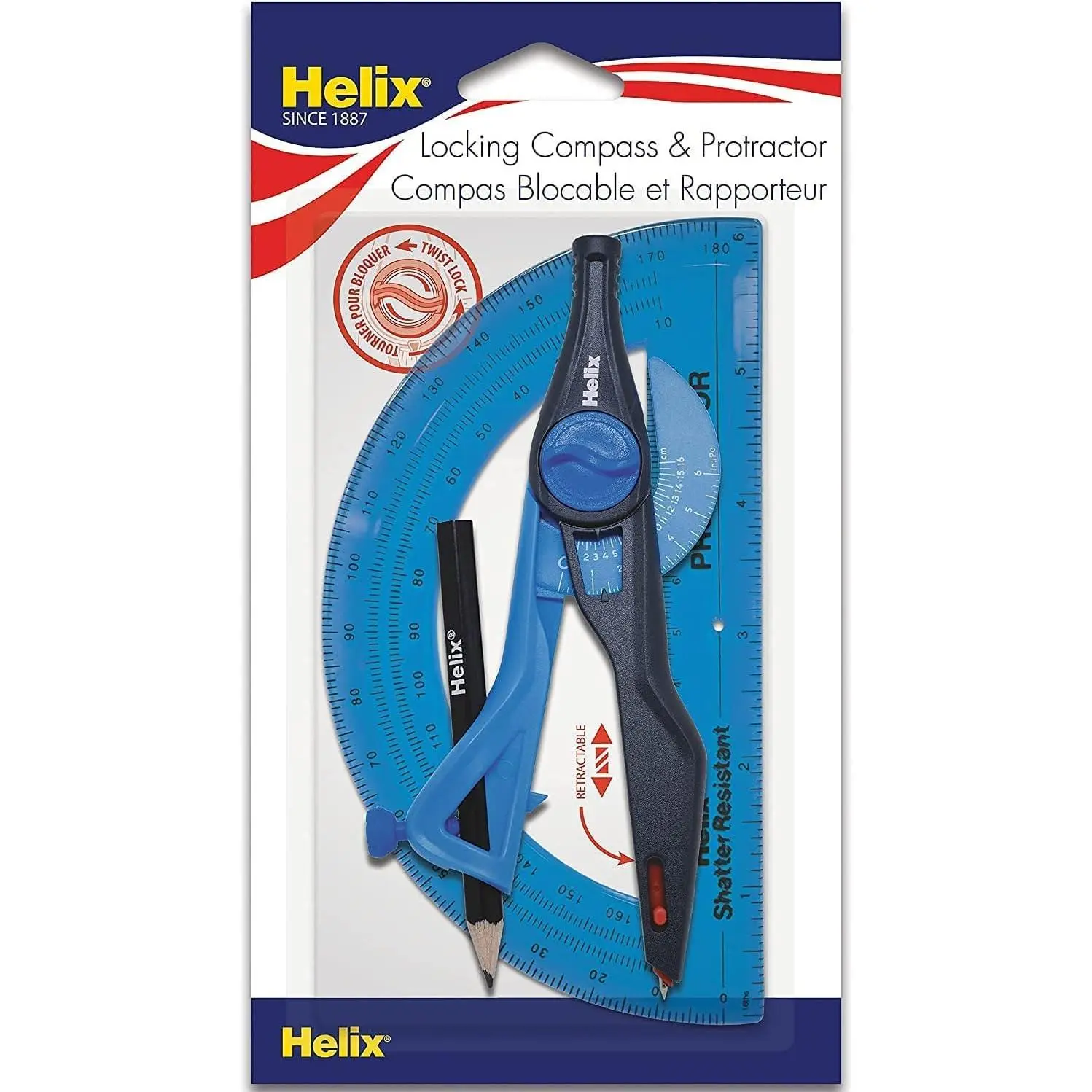 Helix - Plastic Locking Compass and Protractor - 2 count Set - Geometry, Drafting & Drawing