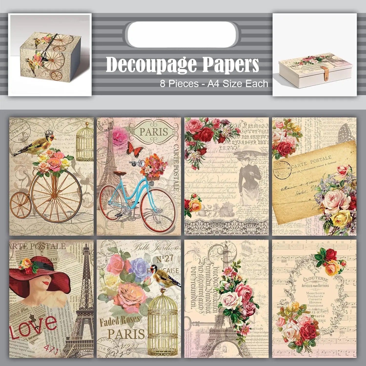 Decoupage Paper A4 (8.3 x 11.7 Inch) - 8 Sheets Paris Floral Newsprint Printed Craft Paper for Furniture, Scrapbooking, Collage & DIY  Decor