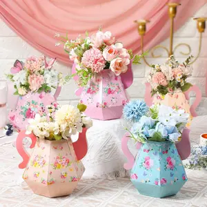 Fulmoon 6 Pcs Tea Party Decorations 6.7'' Flower Box Table Paper Teapot Princess Centerpiece Vase Table Decor Wonderland Fancy Party Decor for Floral Tea Birthday Baby Shower Wedding (Cute)