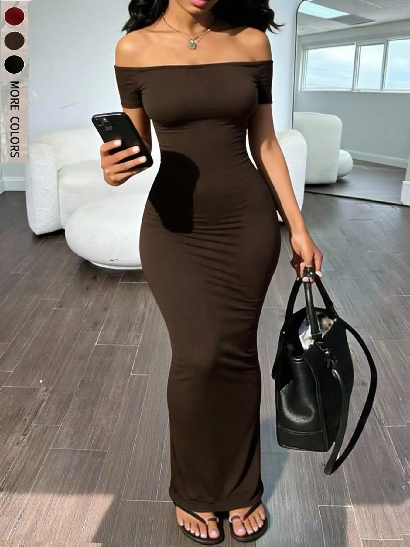 One-Shoulder Short Sleeve Bodycon A-Line Long Dress, Sexy Pure Color Tight-Fit Evening Dress, Elegant Slimming Off-The-Shoulder Chic Date Night Dress