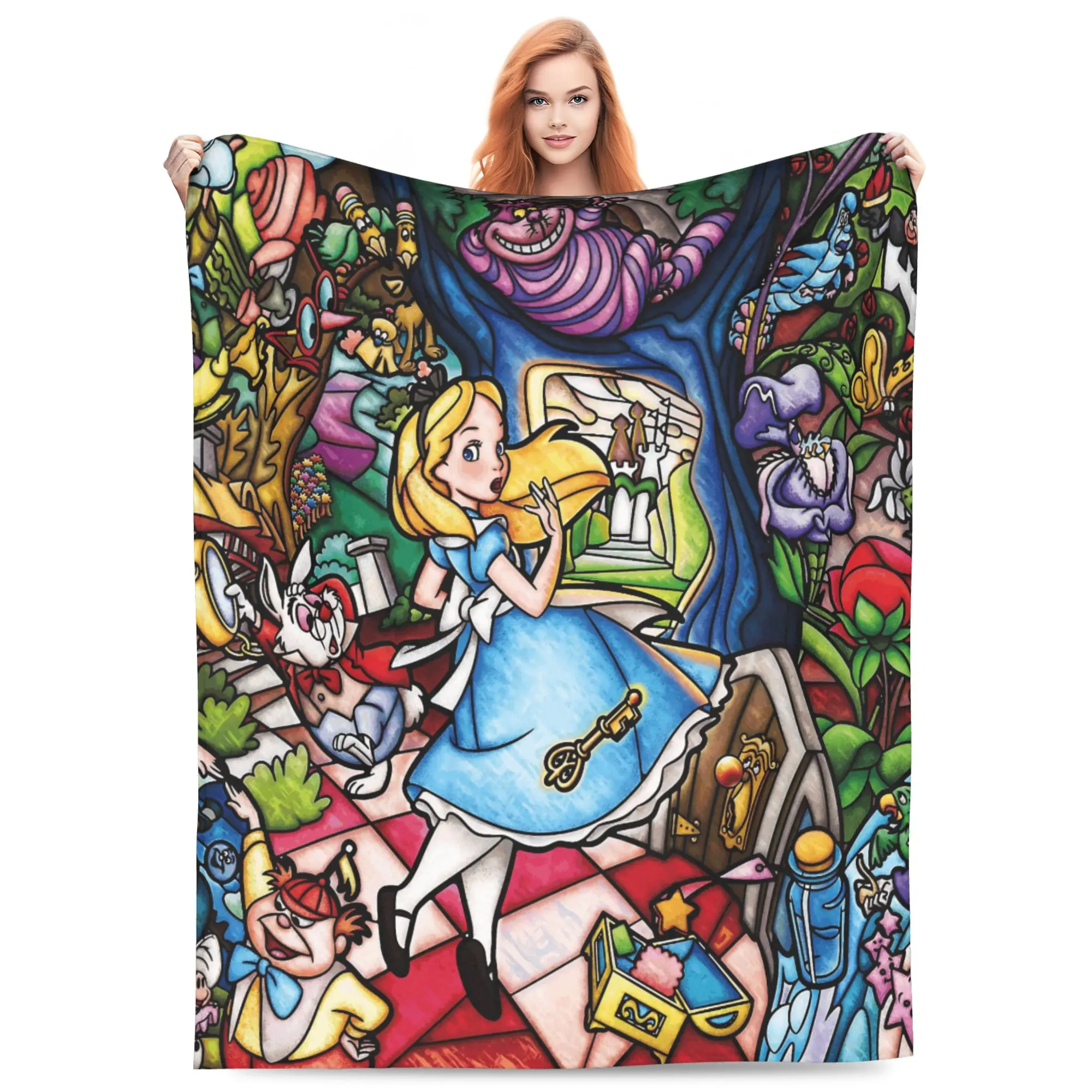 DISNEY CLASSIC Alice in Wonderland Stained Glass Throw Blanket, Alice Cheshire Cat White Rabbit Vibrant Cartoon Mosaic Print Flannel Fleece Blanket Soft Cozy Blanket for Sofa Bed Gift for Kids Girls