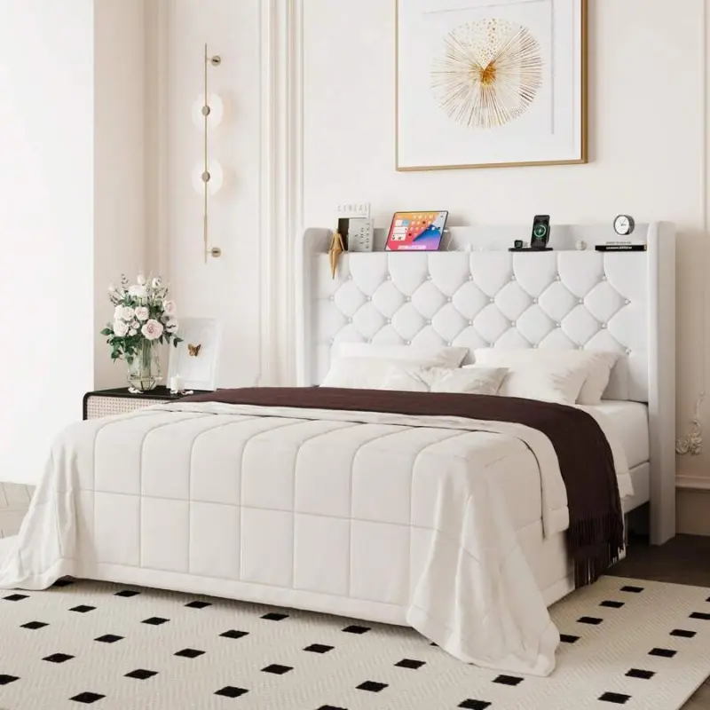 Allewie Wingback Velvet Upholstered Bed Frame - Full/Queen/King Sizes, Storage Headboard With Charging Station, Diamond Stitched Button Tufted, Sturdy Wooden Slats, No Box Spring Needed, Easy Assembly, White, King Size Bed, Queen Sized Bed Frame