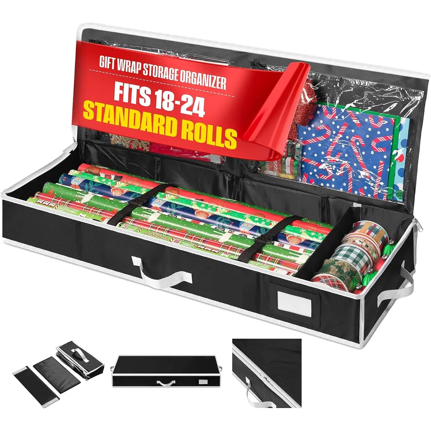 Wrap Storage Organizer, Easily organize Wrapping Paper, Ribbons, Bows, , Fits 18-24 Standard Rolls, Keeps  Supplies in  Condition &  for Next , (Black)