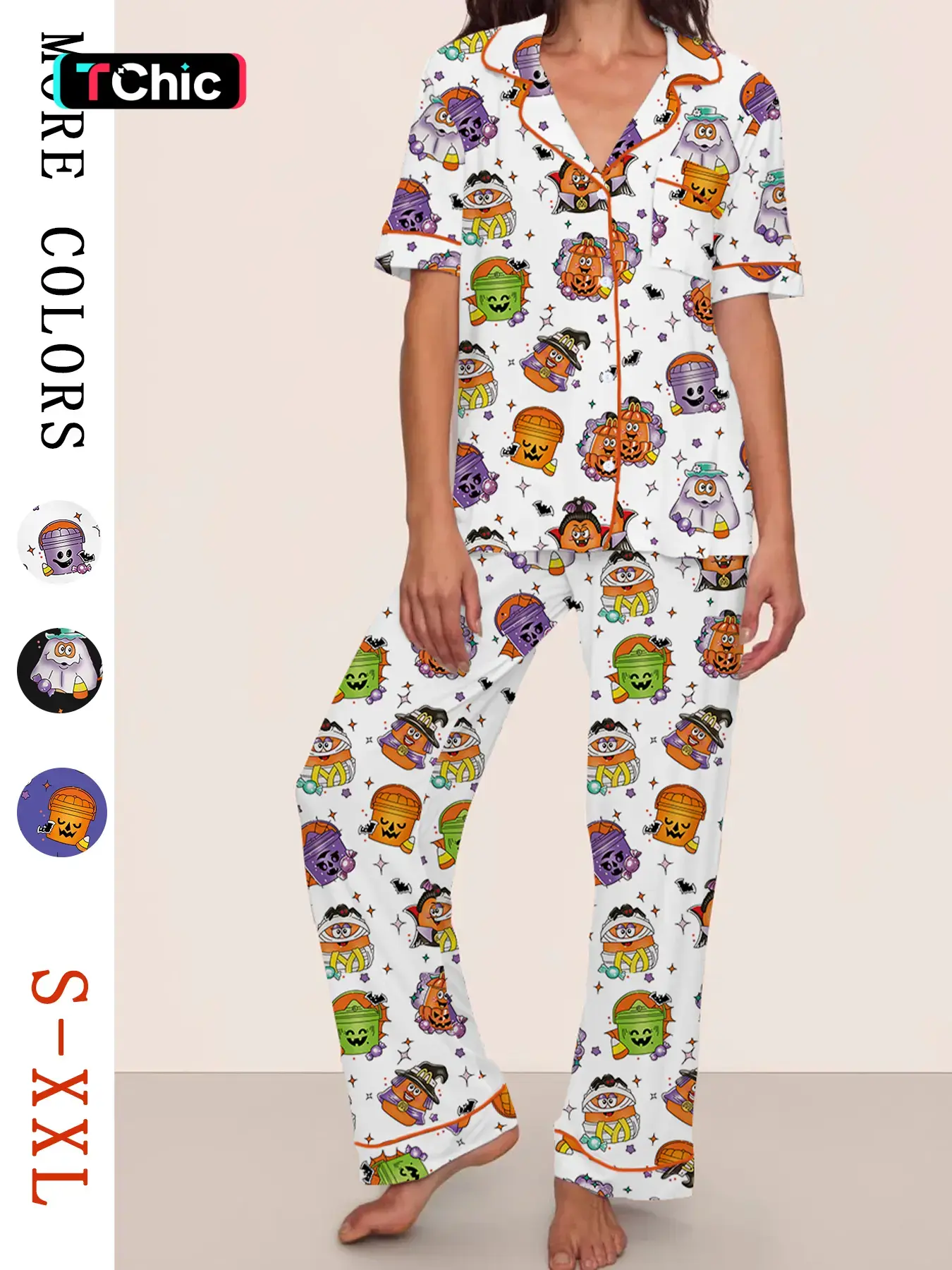 Women's Halloween Ghost Pumpkin Pajamas Set, Short Sleeve Long Pants, Casual Fitted Thin Fabric, Perfect Party Gift for Autumn Winter