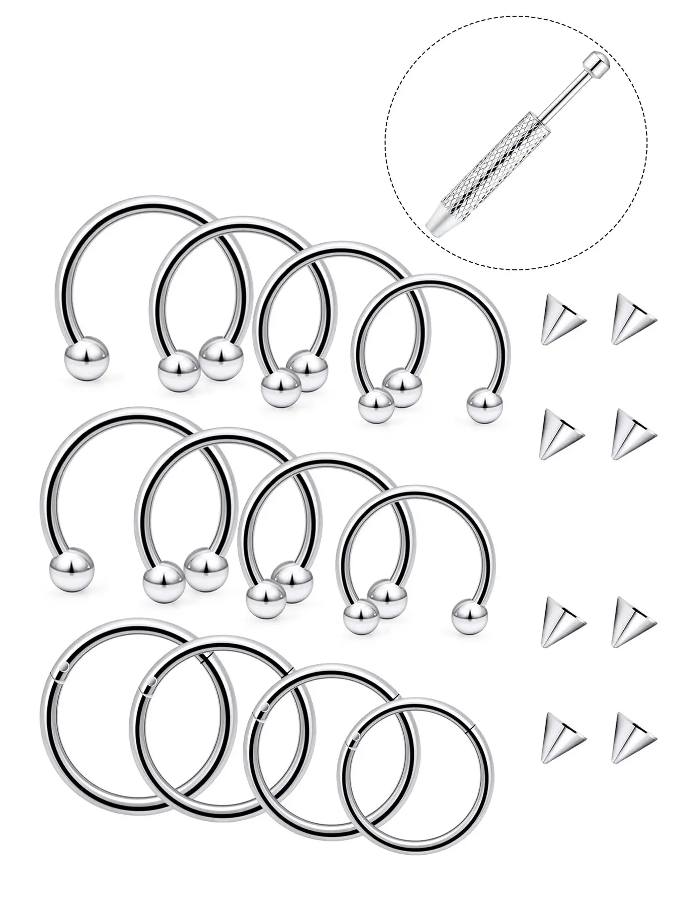 16g Septum Rings Stainless Steel Lip Rings, Horseshoe Nose Ring, Snake Bite Jewelry, Smiley Piercing, Multiple Sizes 6mm-12mm, Includes Tool