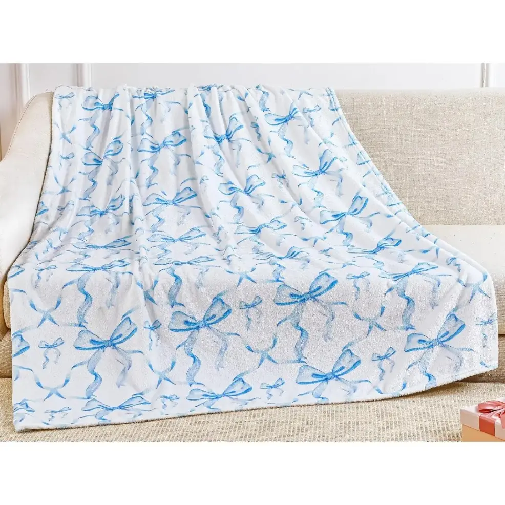 Blue Bow Flannel Throw Blanket for Her, Cute Coquette Preppy Aesthetic Bow Blanket for Adults & Baby, Lightweight Soft Plush Bow Stuff, Ideal Room Decor for Sofa, Couch, Bed & Travel, Perfect Holiday & Birthday Gift birthday gift
